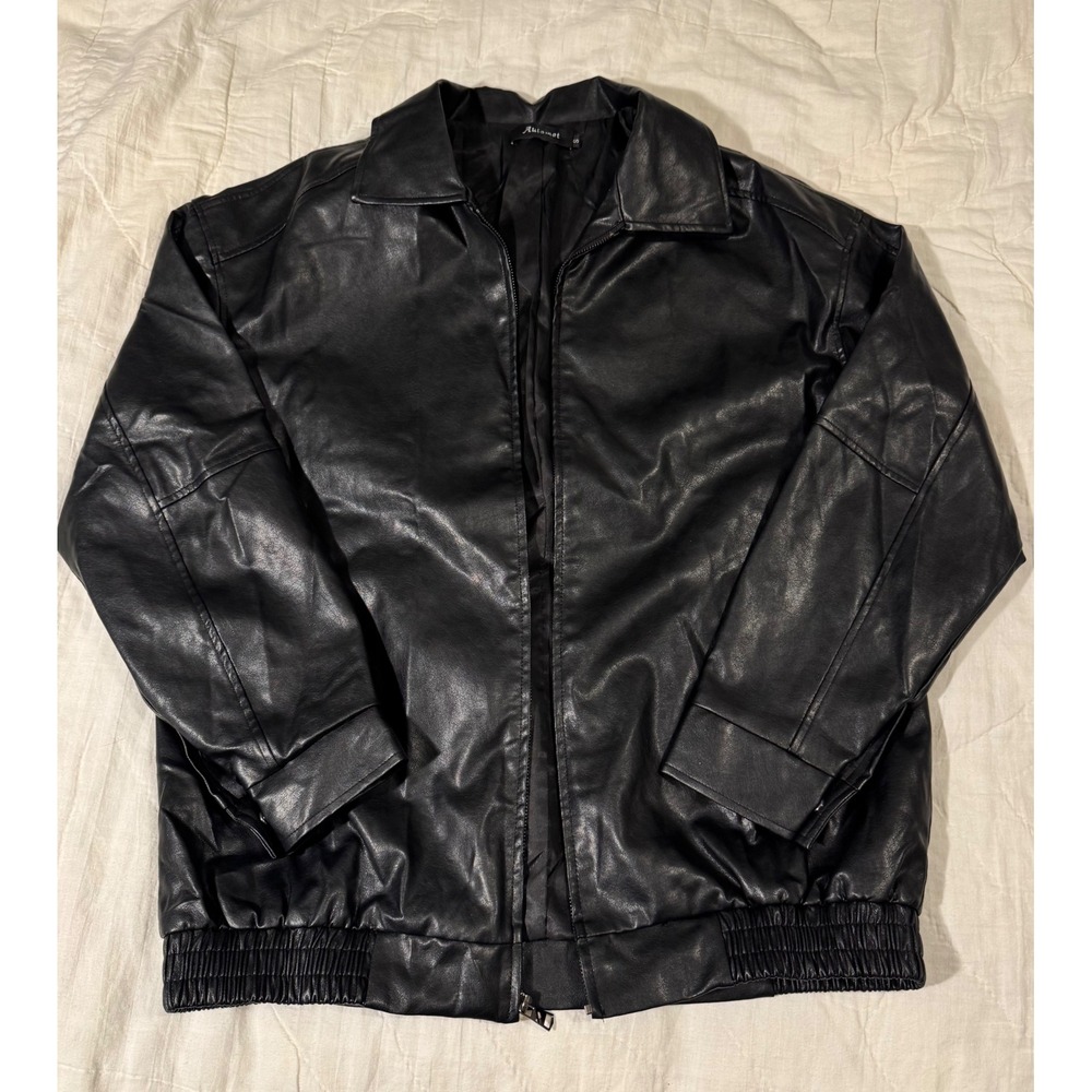 Automet Women's Black Faux Leather Bomber Jacket Oversized Layering Size Small